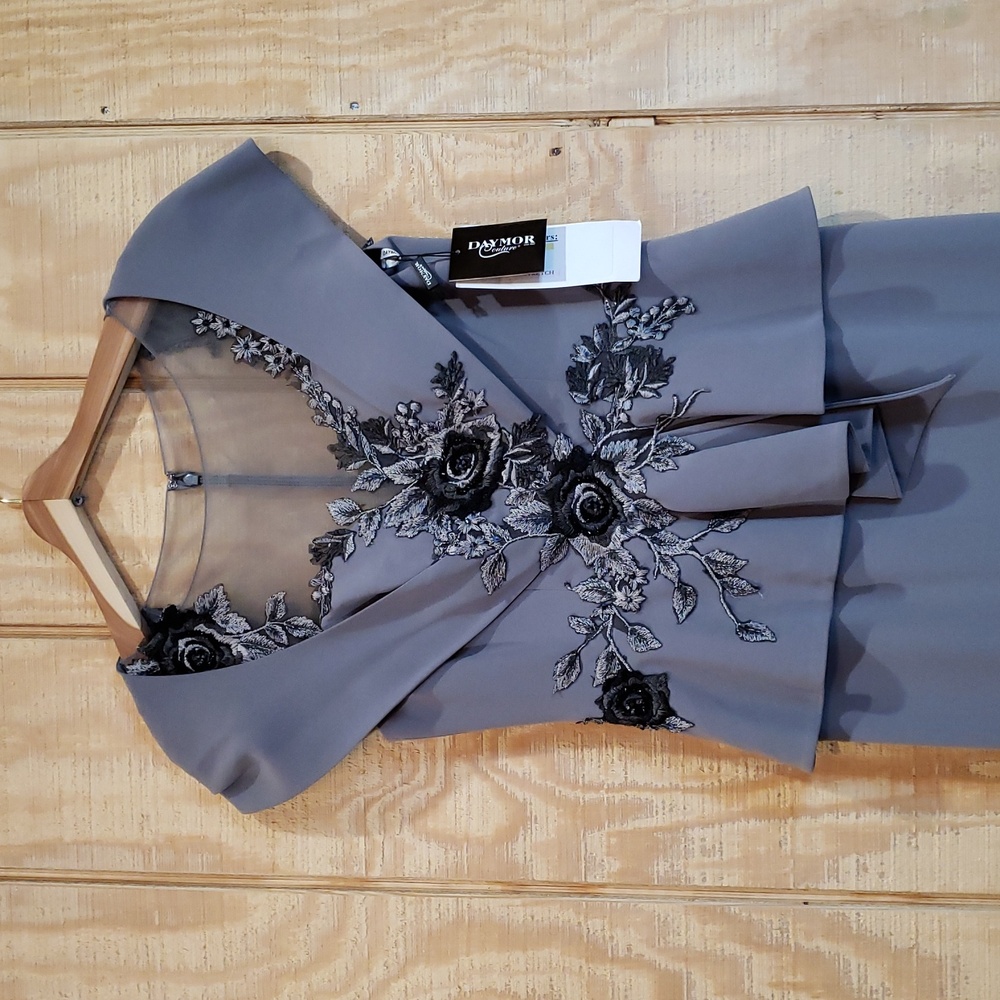 Daymor Couture NEW Nickel Gray Embroidered Peplum Skirt Maxi Dress Size 6 #858 - Picture 3 of 10